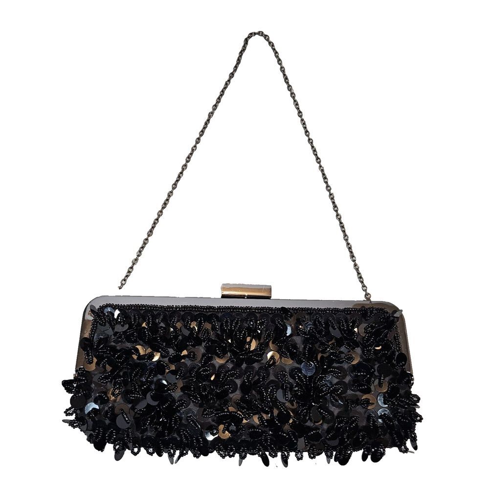 New York‎ & Co Converible Clutch Handbag Purse Chain Strap Sequins Black 9.5x4